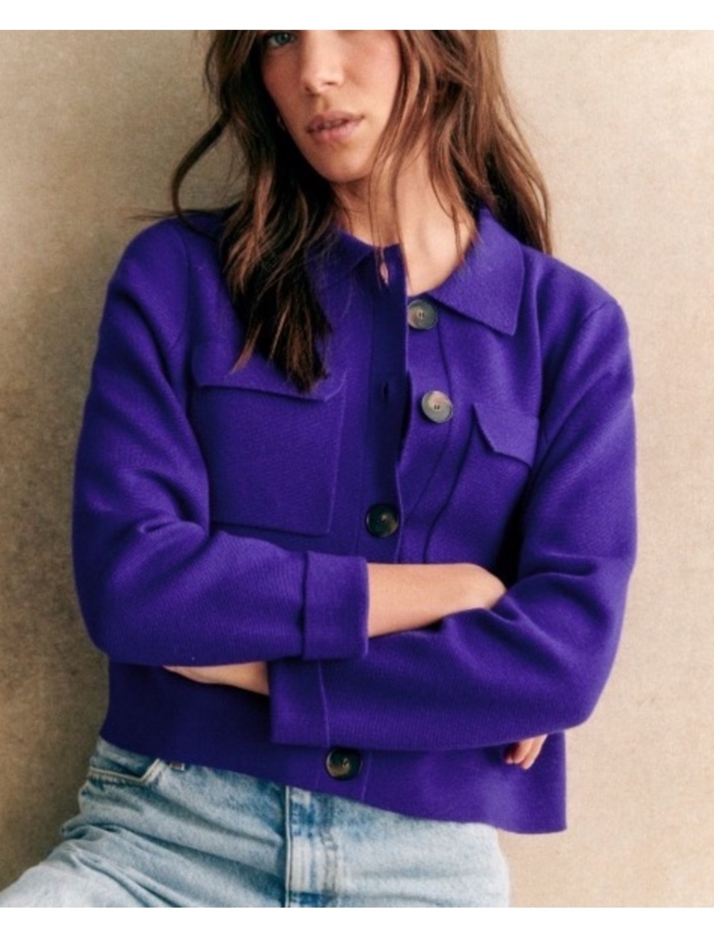 Sézane Betty Wool Blend Buttoned Cardigan Jacket in Ultra Violet Size Small
